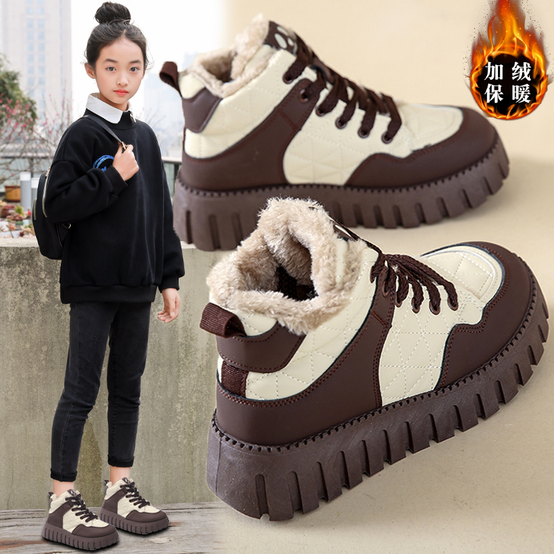 巴布豆女童雪地靴冬季新款加绒加厚保暖儿童大棉鞋中大童女