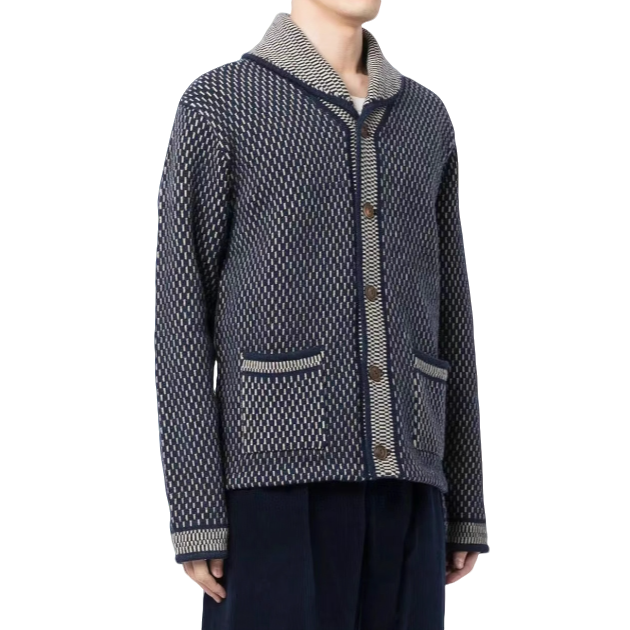 双R 青果领针织开衫重磅蓝染indigo阿美咔叽经典复古羊毛衫 没上