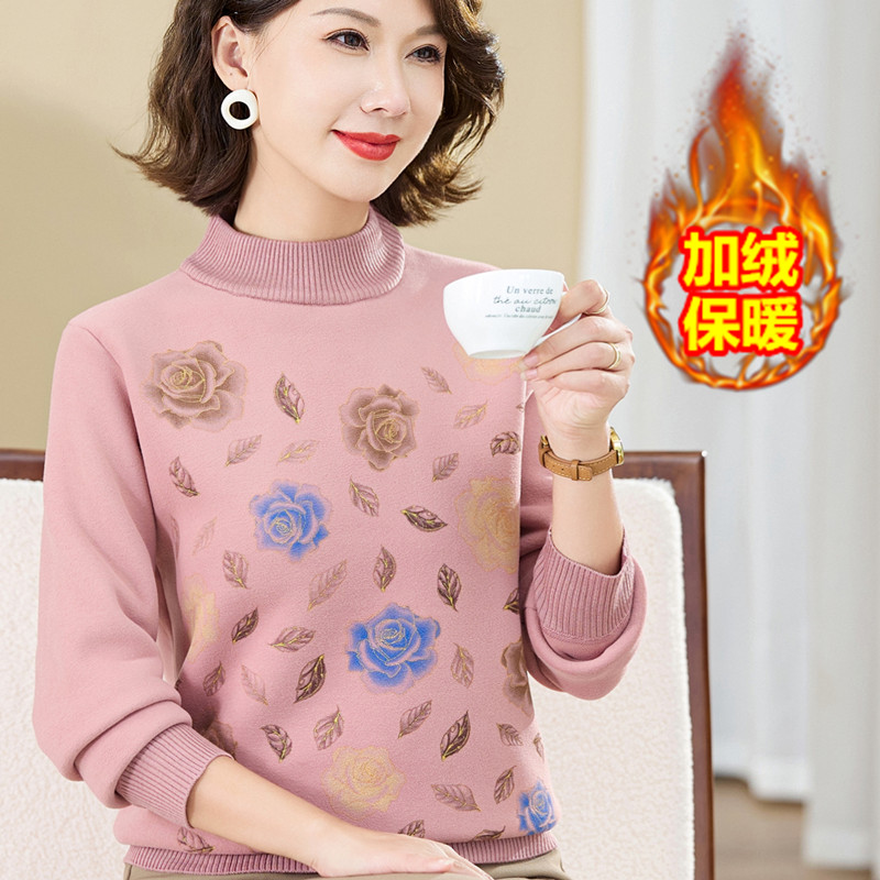 妈妈秋冬装加绒加厚半高领打底衫洋气上衣中老年女一体绒保暖毛衣
