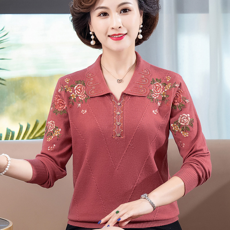 春秋新款50岁长袖打底衫中老年女装宽松翻领T恤妈妈装洋气薄上衣