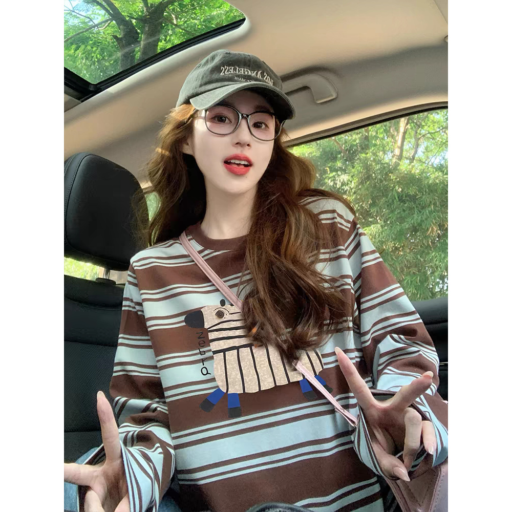 彩色条纹卡通长袖t恤女2025新款早秋美式宽松设计感洋气减龄上衣