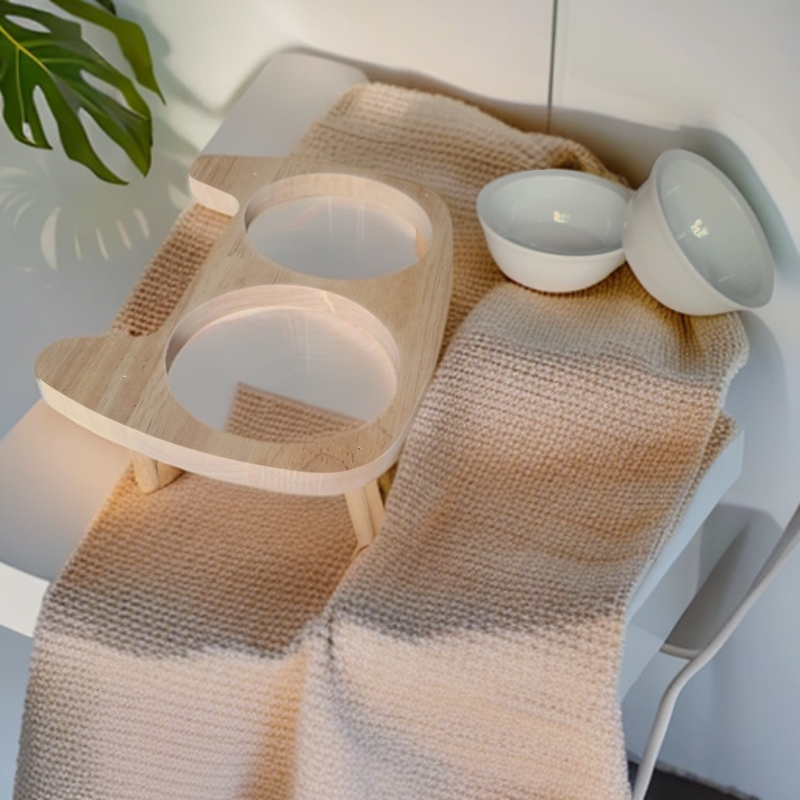 猫碗保护颈椎双碗实木猫食盆防打翻斜口陶瓷猫咪用品防水外溅加厚