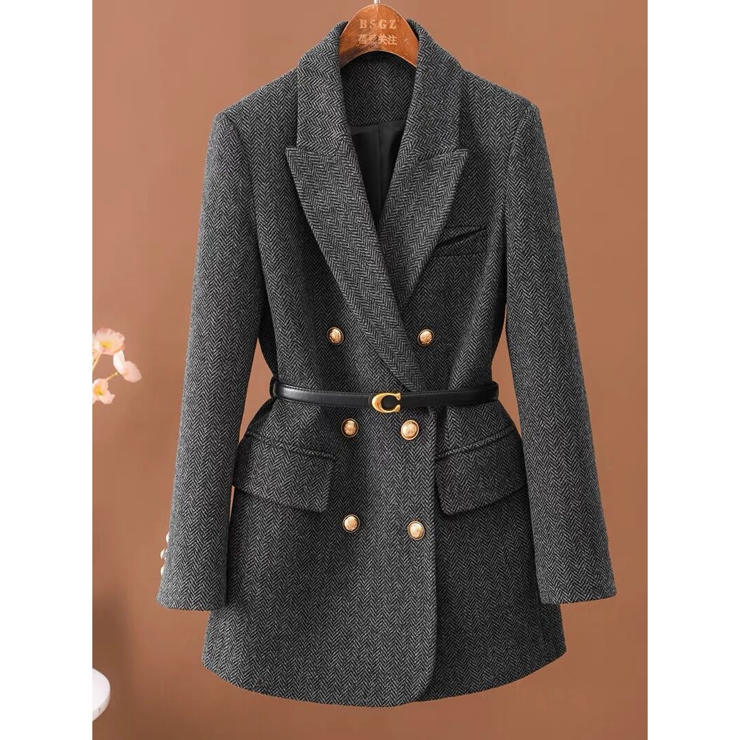 法式夹棉加厚西装外套女2023冬新款小香风挺阔休闲秋冬小个子西服