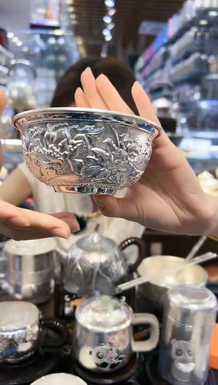 【闪购商品】砖雕999高手工银牡丹碗约133.14g