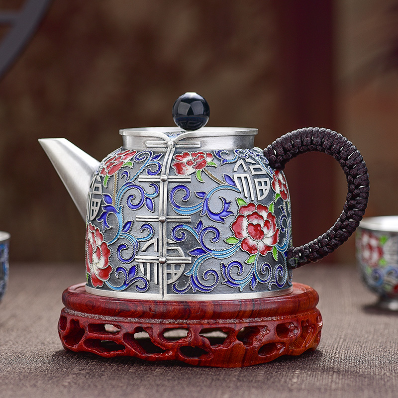  福恒金 银茶壶足银999纯手工泡茶壶正品珐琅彩百福银茶具套装  