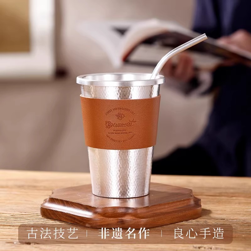 足银银制品 福恒金 999足银水杯纯银杯马克杯可乐咖啡杯银吸管杯