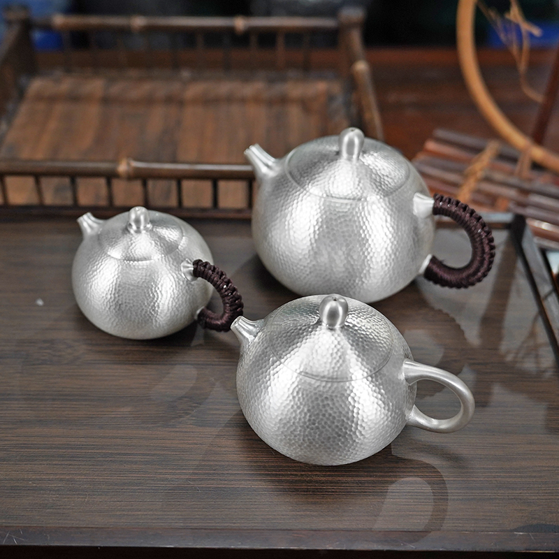 足银银制品  商城 银茶壶足银999纯手工锤纹银壶泡茶壶银茶具套装