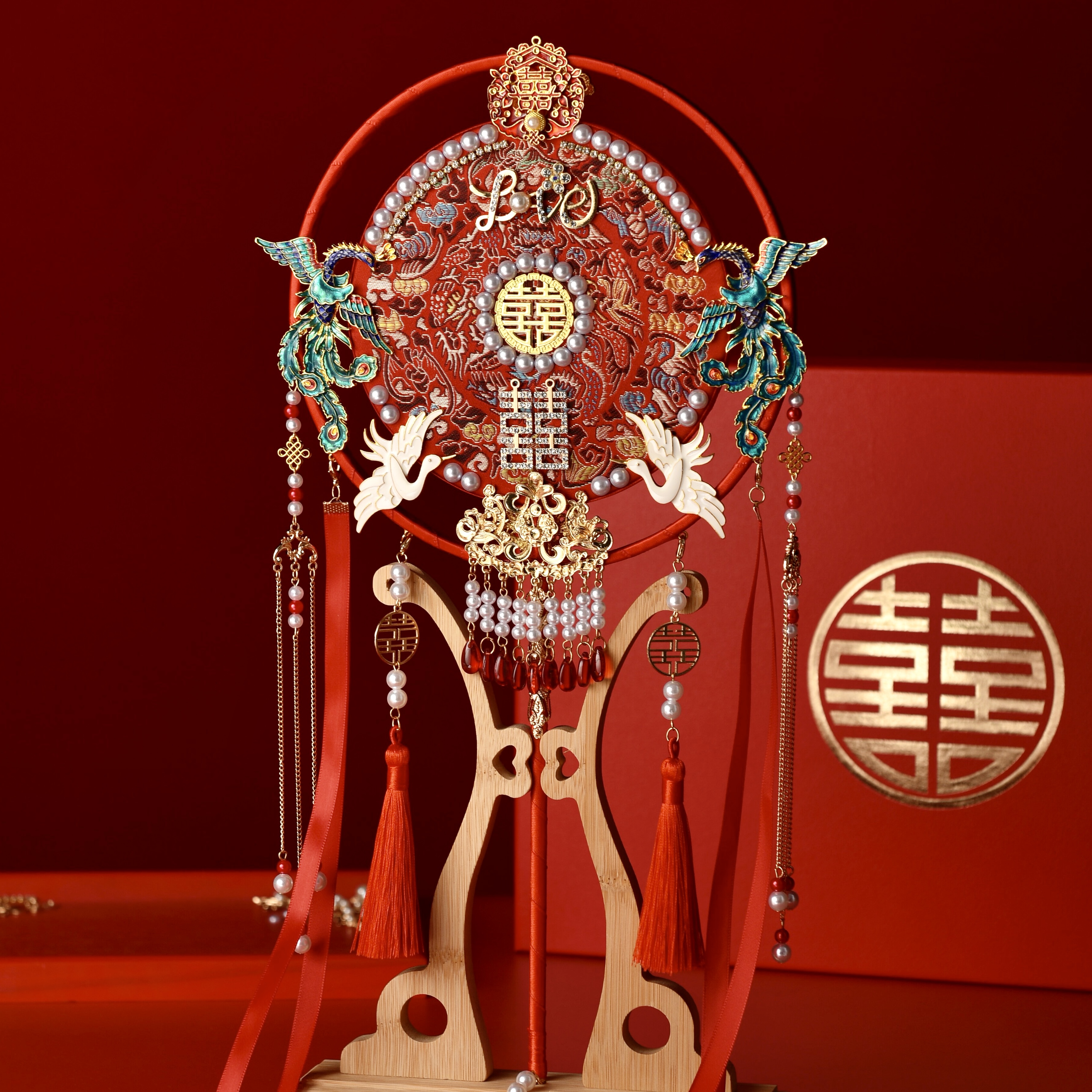 中式团扇秀禾服新娘结婚礼出嫁手工喜扇diy材料包饰 古风成品扇子