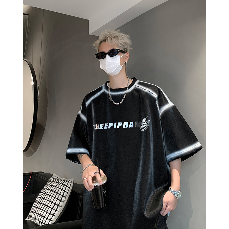 美式高街喷绘340g重磅短袖t恤男夏季hiphop潮牌半袖大码五分中袖