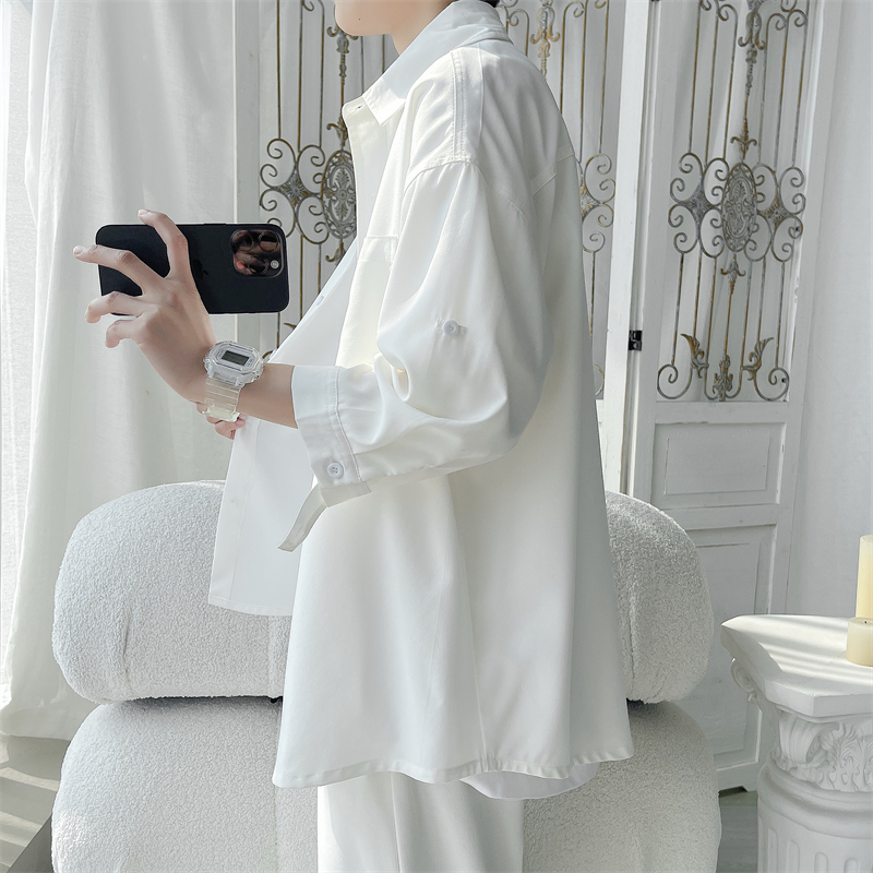 白色冰丝工装短袖衬衫男夏季美式潮牌七分半袖衬衣高级感大码外套