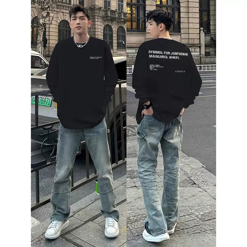 初秋韩系宽松字母印花长袖束口t恤男生美式潮牌情侣打底上衣女款