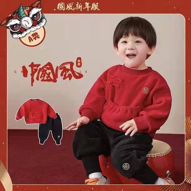 红色唐装新年套装儿童冬装汉服拜年服秋冬宝中国风过年加绒礼服