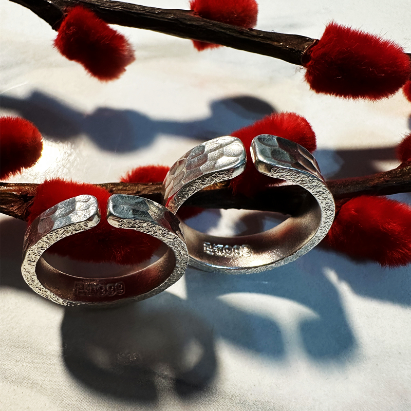 足银戒指 《手工锤纹戒指》实心足银999开口可调节时尚情侣个性百搭