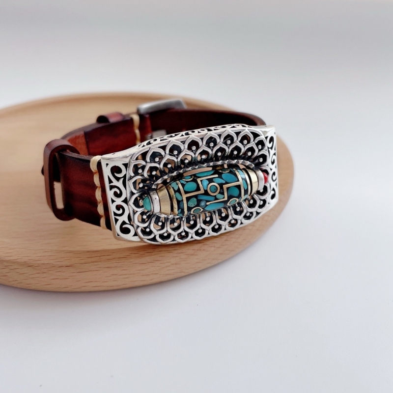 925银皮质手链 《九眼转动手链》个性纯银镶嵌转动情侣手镯个性时尚