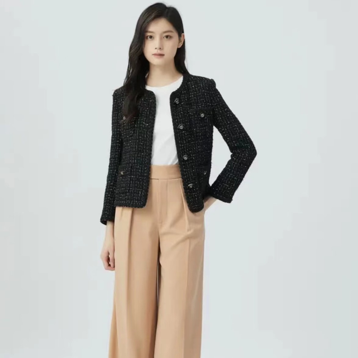 GIRDEAR/哥弟轻奢高端优雅圆领春秋黑金色粗花呢显瘦外套1400042