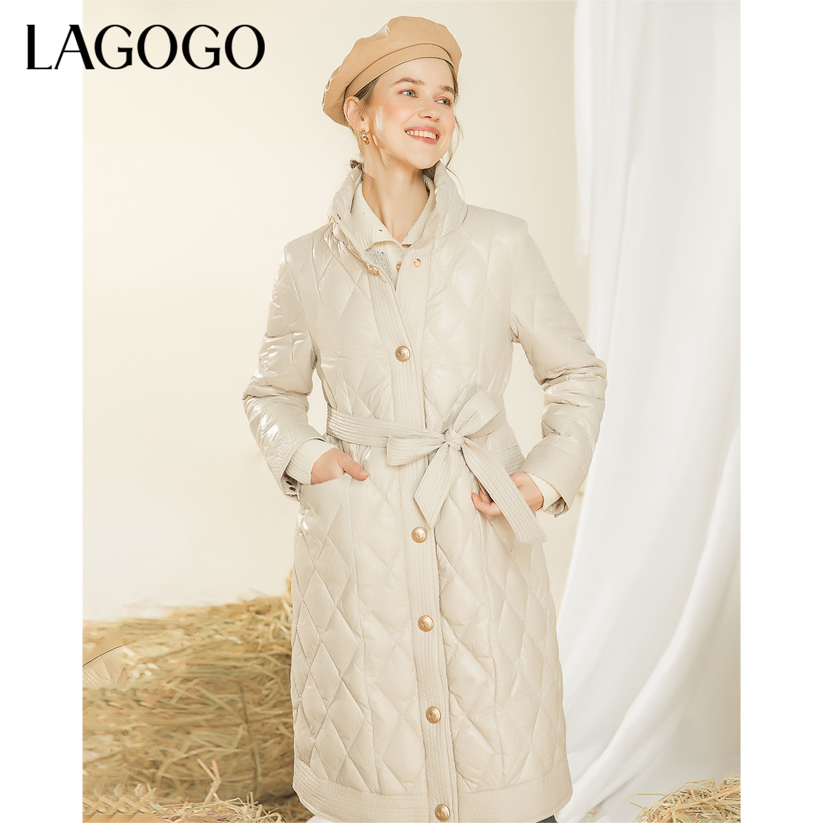 Lagogo拉谷谷冬米灰色立领加厚白鸭绒修身中长款羽绒服女时尚收腰