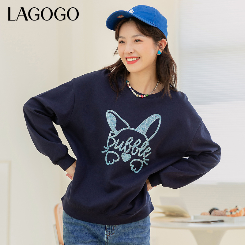 Lagogo2022新款圆领撞色卡通图案卫衣女LCEE418A01上衣时尚休闲