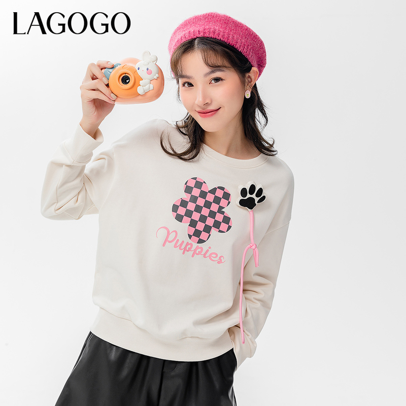Lagogo新款圆领撞色图案胶印卫衣女LCEE418C04长袖时尚休闲