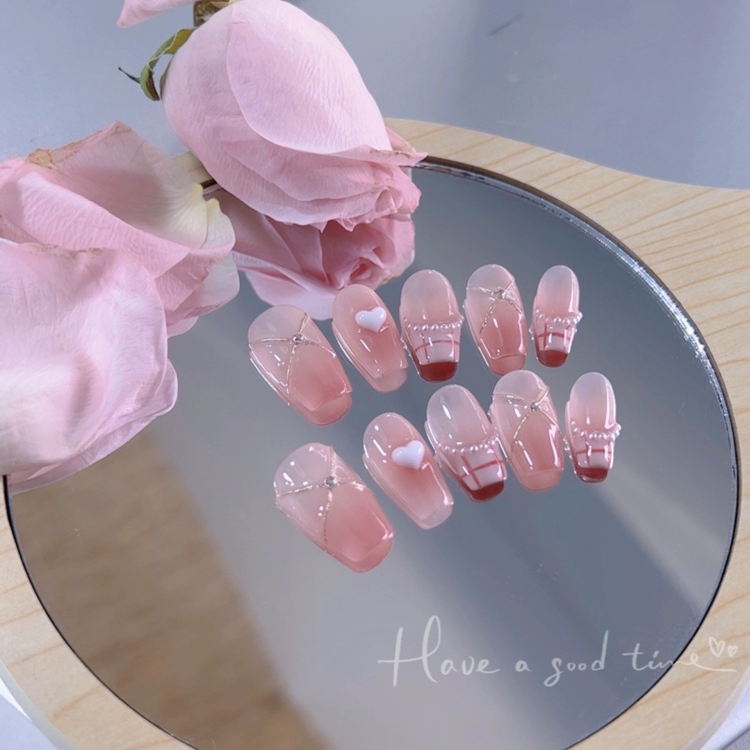 情书~手绘格纹珍珠金粉可拆卸纯手工穿戴式甲片