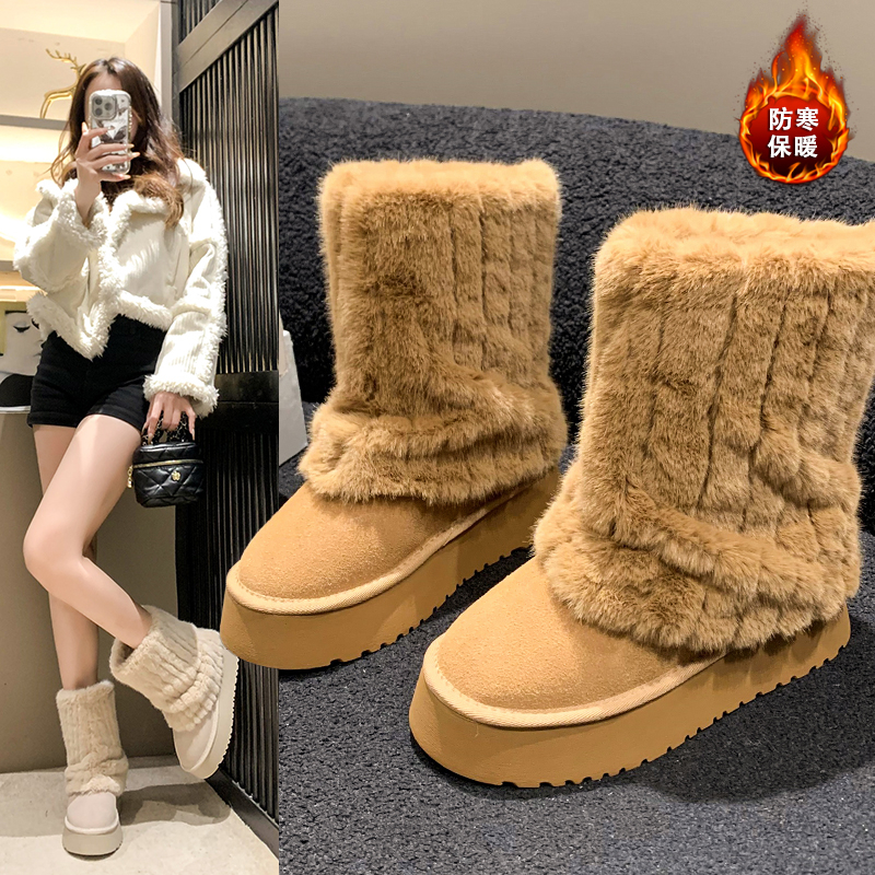 中筒小众雪地靴女毛绒可爱奶油短筒保暖毛毛靴冬季套筒厚底增高鞋