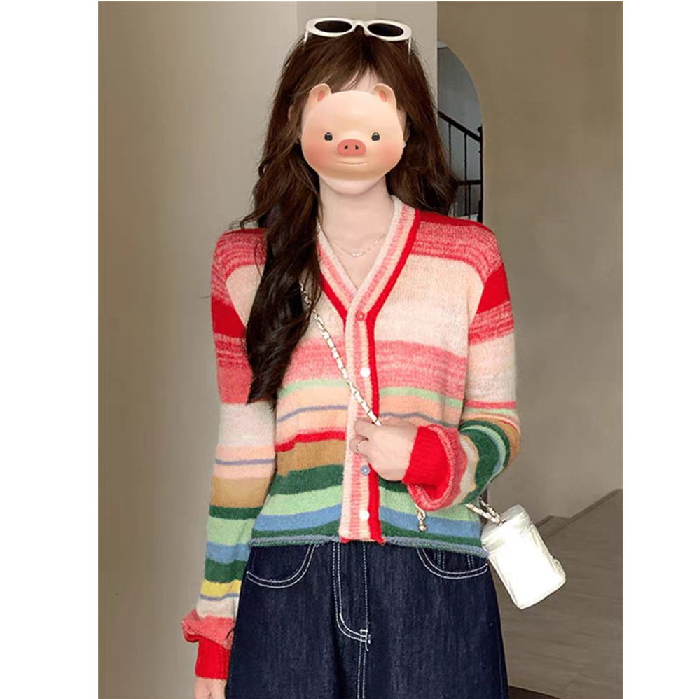 6698彩虹条纹V领针织开衫女2024秋季韩系氛围感毛衣外套上衣服