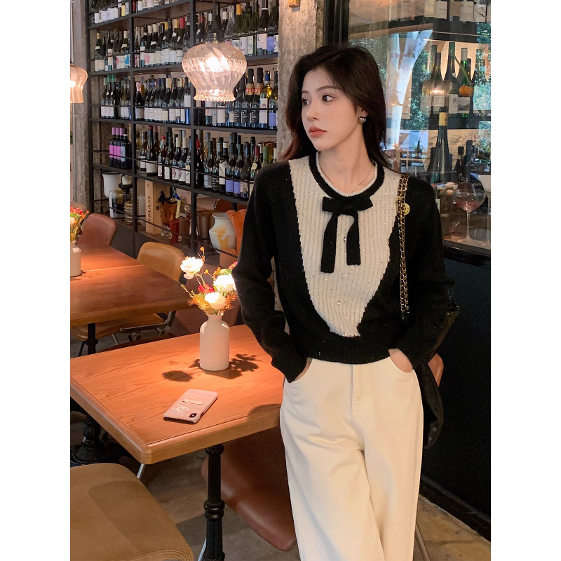 甜美温柔撞色蝴蝶结通勤气质针织衫上衣打底衫女2023年冬装新款