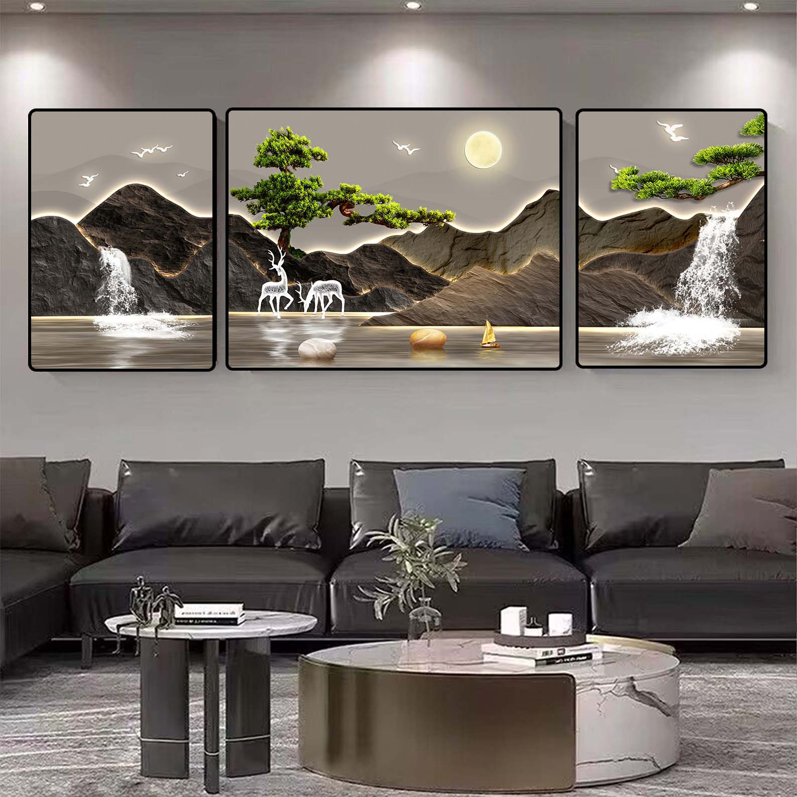 M027背有靠山流水生财现代简约轻奢中式新中式客厅沙发背景墙三联
