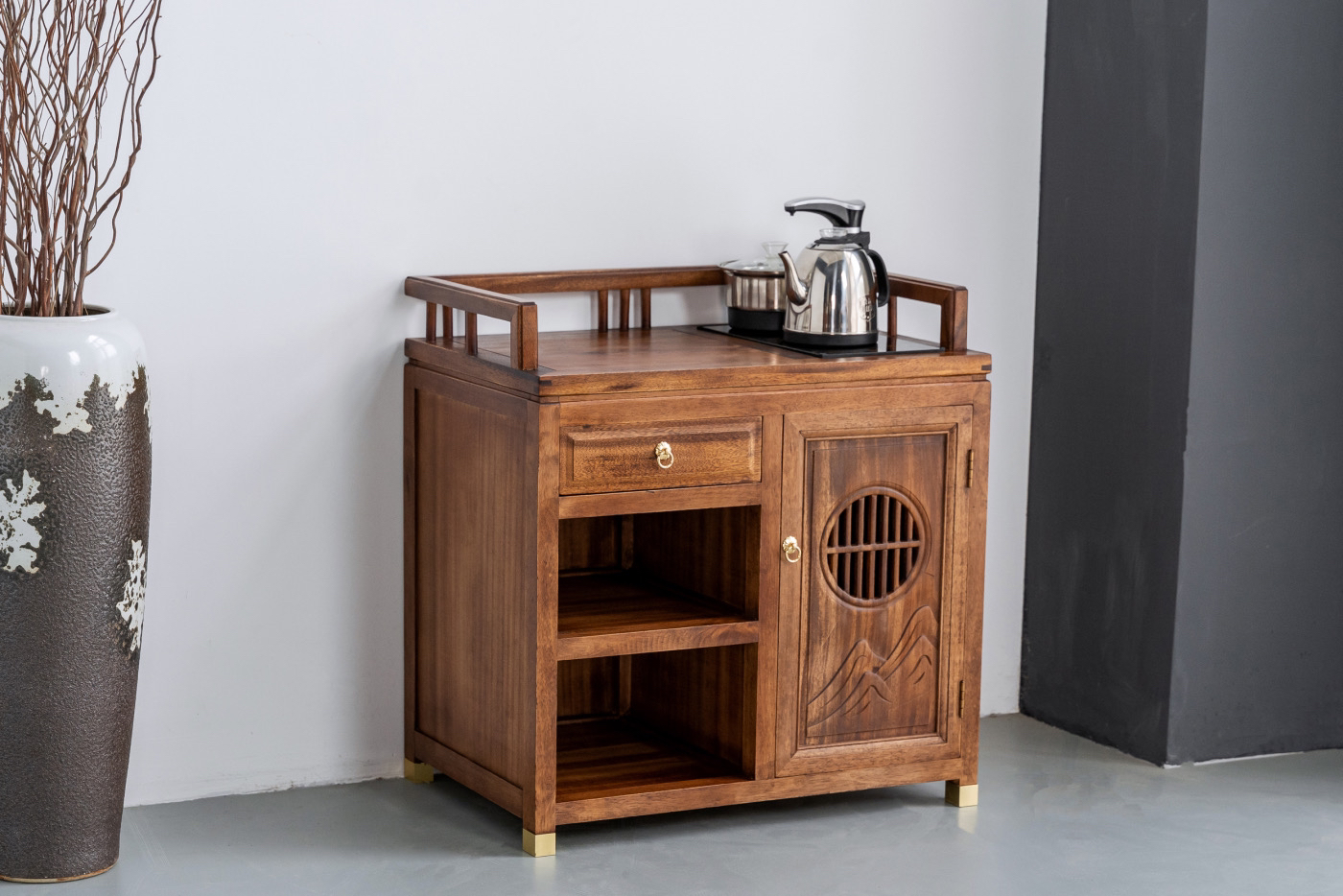 新中式南美胡桃木如意开孔茶水柜70*46*75不包烧水壶
