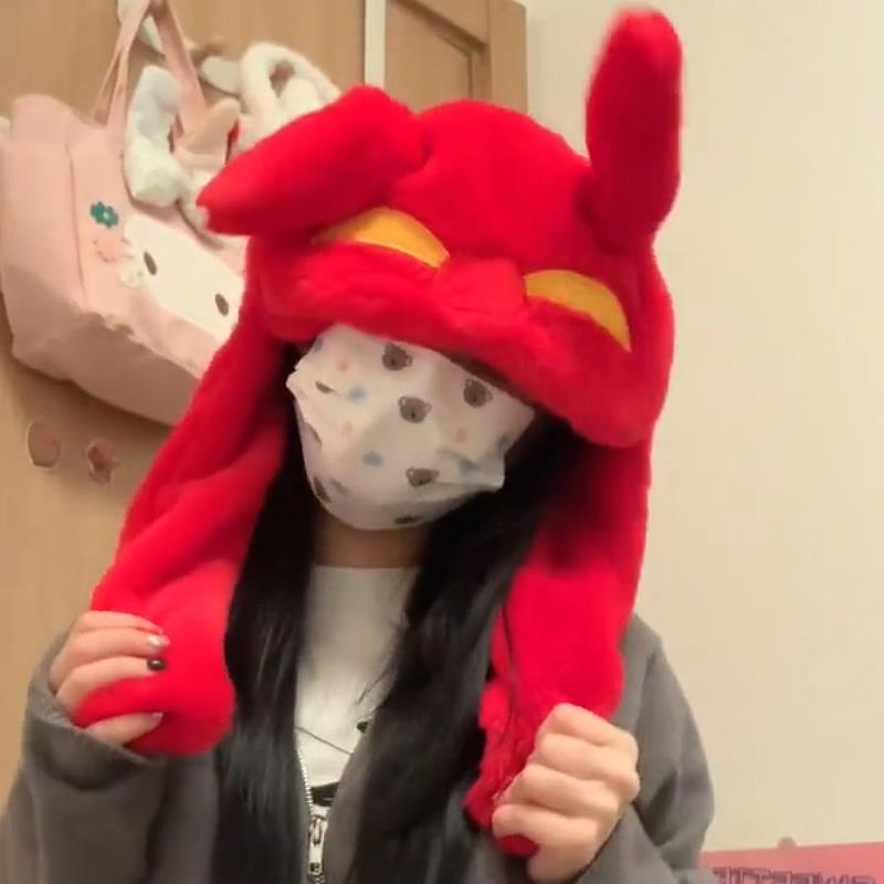 猪猪侠帽子耳朵会动三眼仔气囊帽可爱女秋冬加绒加厚保暖防寒护耳