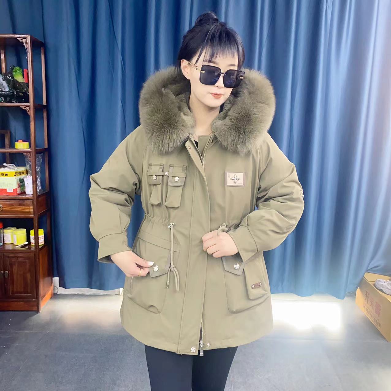 62007款时尚派克服獭兔内胆狐狸毛领女士百搭休闲韩版连帽中长款