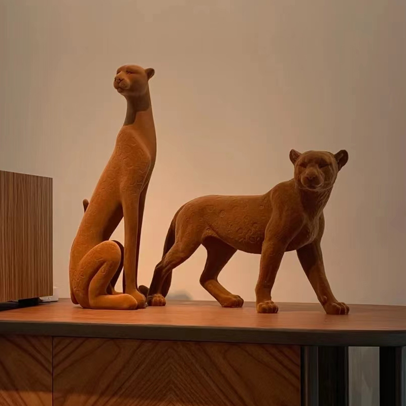 轻奢树脂植绒动物摆件创意样板间客厅金钱豹酒店样板间软装饰品