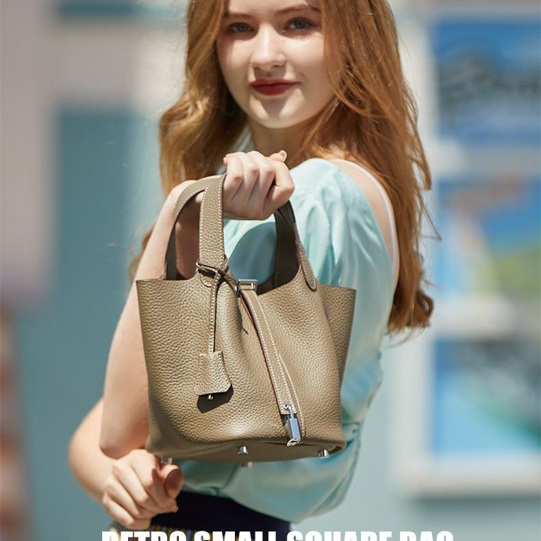 高级感真皮菜篮子包女百搭大容量头层牛皮水桶包轻奢小众手提包包