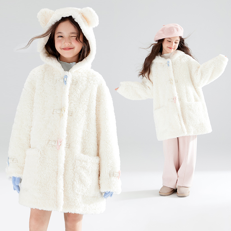熊耳朵羔毛毛绒外套彩色牛角扣长大衣冬季女童加厚M44XW3186