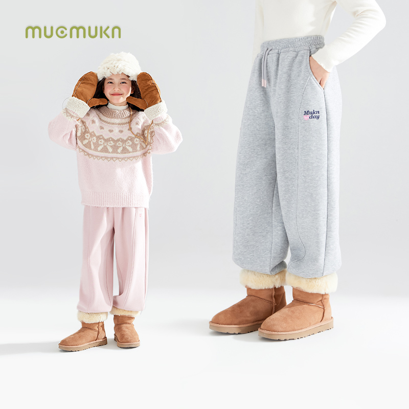 软糯加绒暖暖裤女童冬季卫裤百搭摇粒绒束脚裤子M44XK3136 