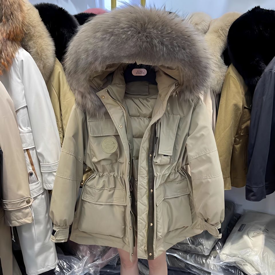 雪中飞2023年新款工装派克收腰羽绒服女冬白鸭绒中长款大毛领设计