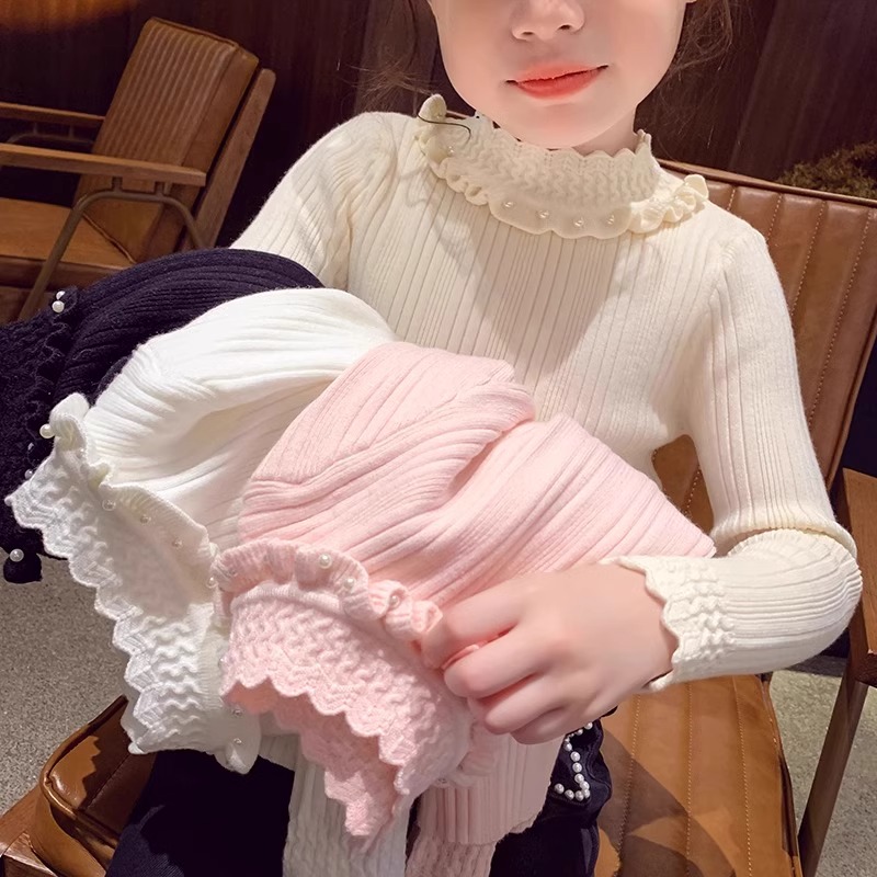 女童秋冬毛衣2025新款洋气内搭针织衫中大童加绒珍珠半高领打底衫