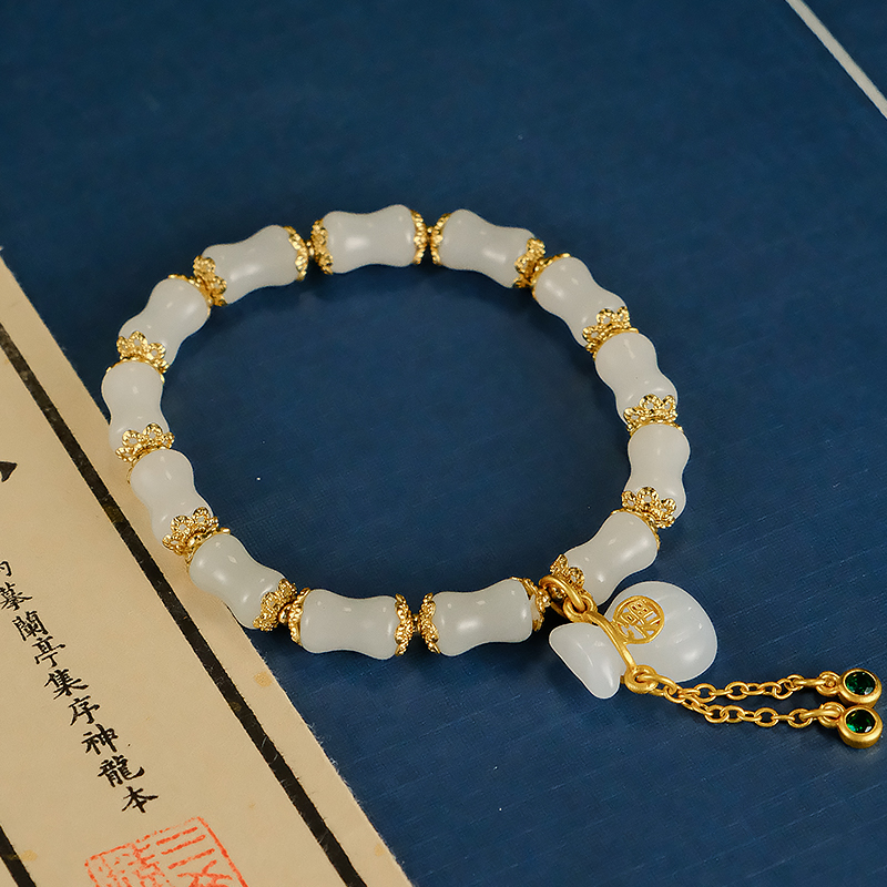 原创设计天然石英质玉竹节女款手链素圈福袋吊坠-6302