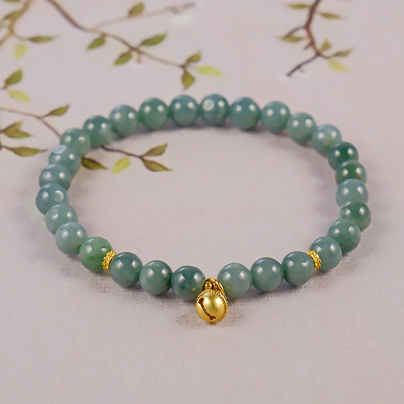 天然翡翠手链铃铛吊坠国风女款手工轻奢绿色单圈古风玉手串-6733