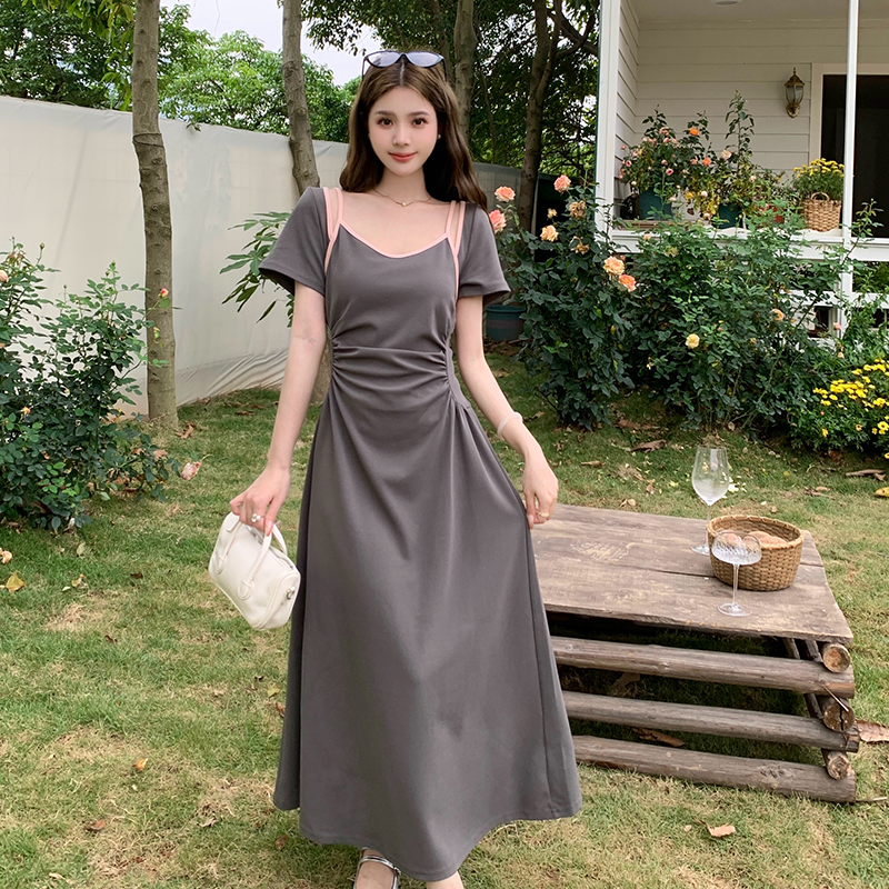 小个子必入！大码女装夏季短袖简约X型方领套头连衣裙中长裙
