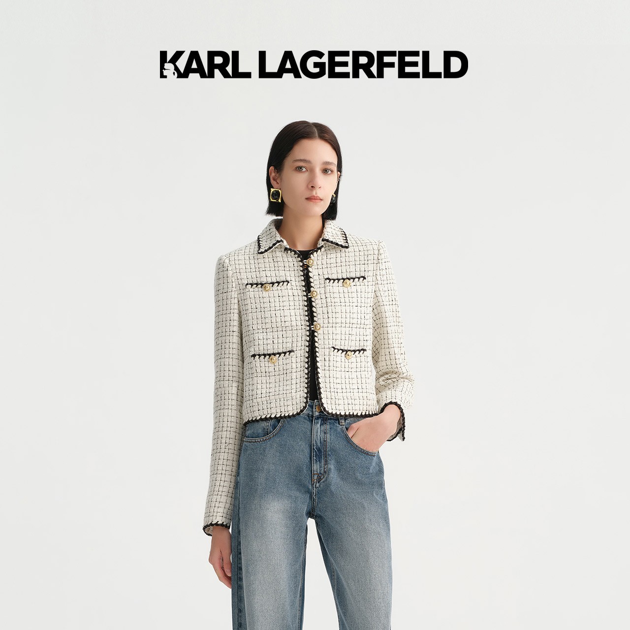 【官方】KARL LAGERFELD卡尔拉格斐箱型撞色花边小香风外套E36W1521