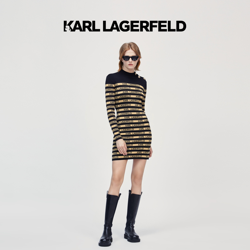 【晨粉专享价】KARL LAGERFELD早秋黑金条纹针织连衣裙226L1322