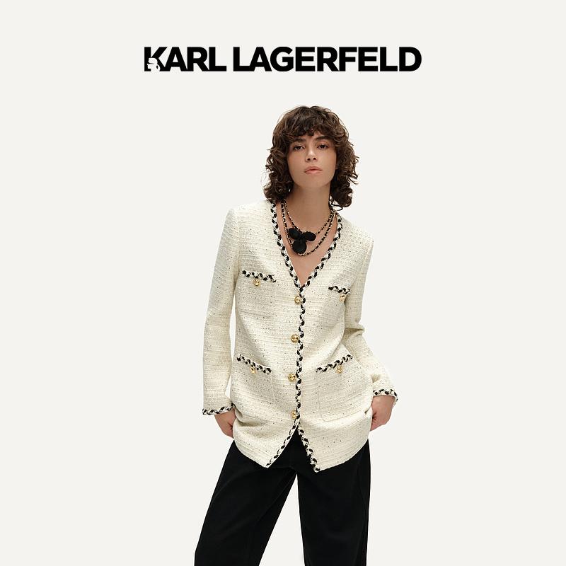 【官方】KARL LAGERFELD卡尔拉格斐春撞色V领小香风外套E41W1502