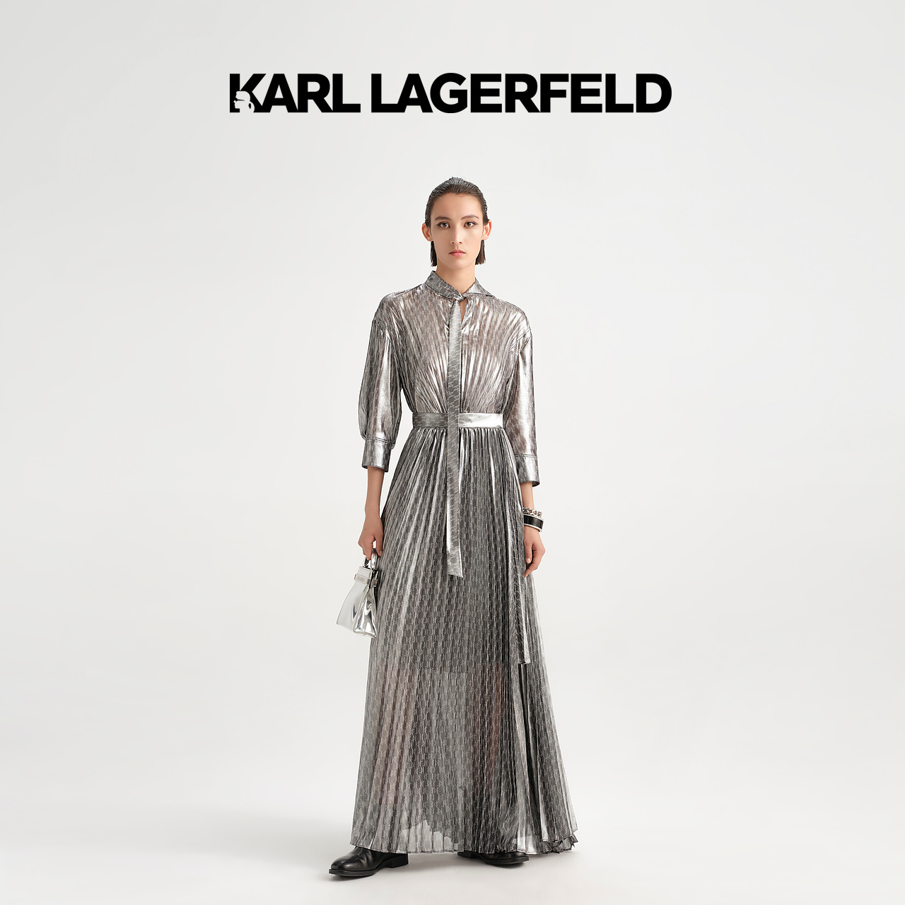 【晨粉专享价】KARL LAGERFELD夏款亮面百褶连衣裙231L1383