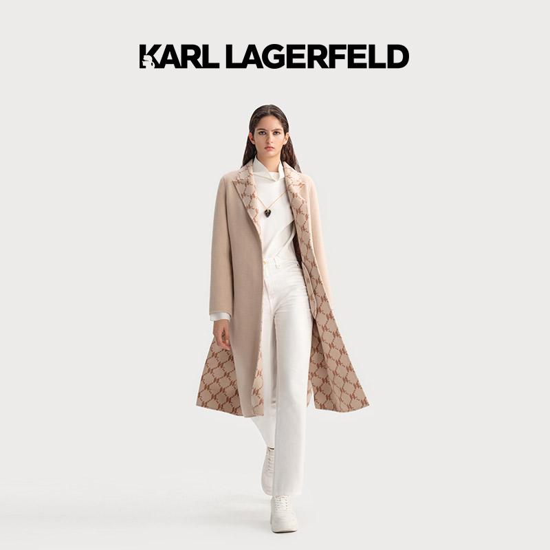 【官方】KARL LAGERFELD卡尔拉格斐秋米色提花系带长款大衣E37W1580
