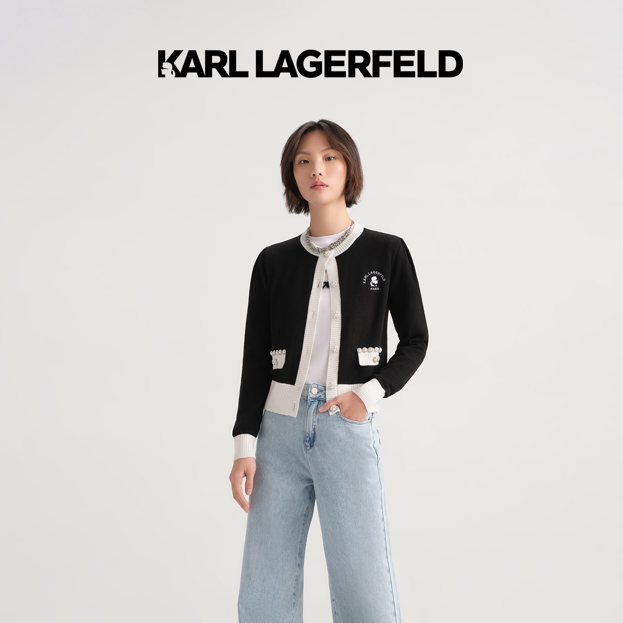 【丽公主专属】KARLLAGERFELD夏KL头像撞色提花针织开衫E36W2079