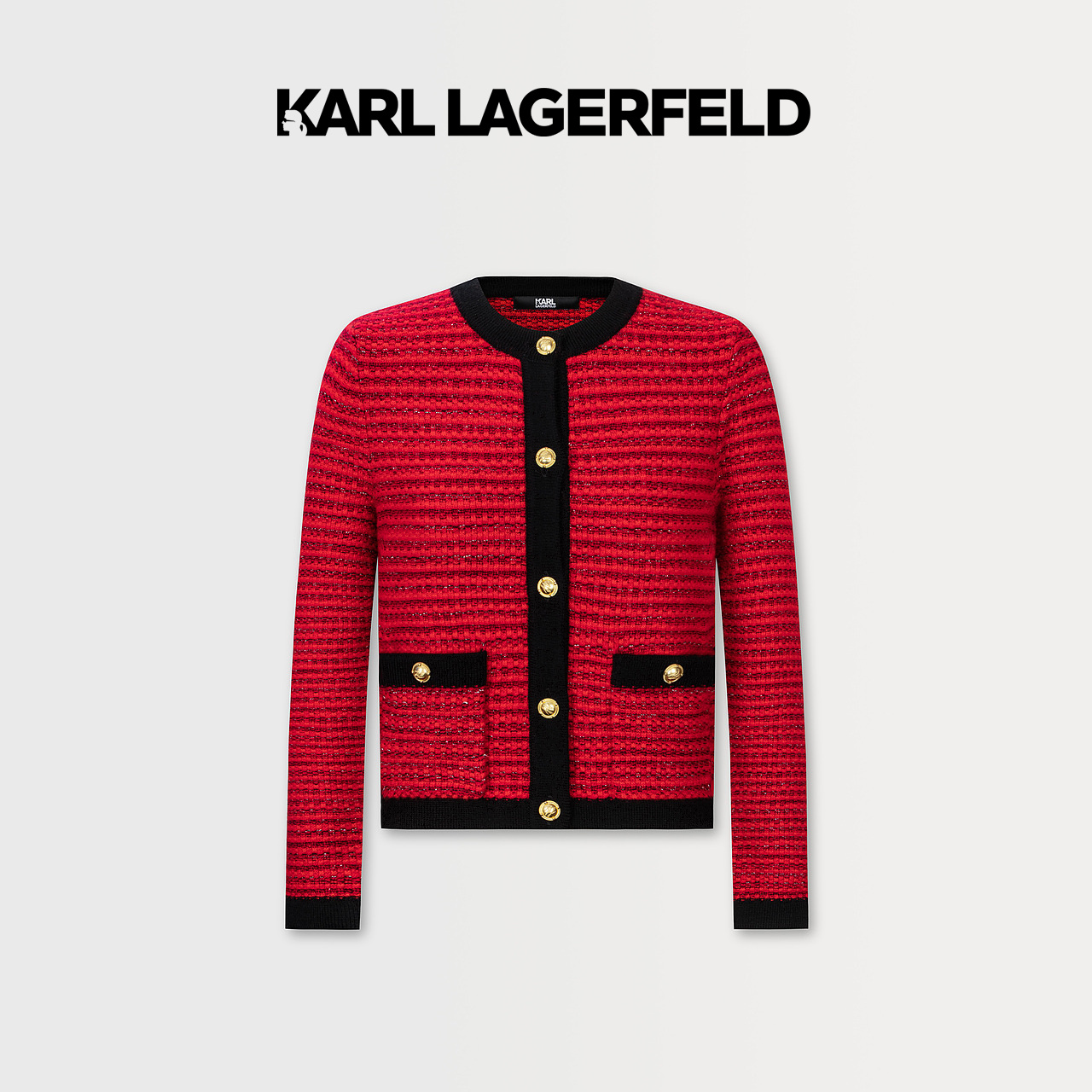 【官方】KARL LAGERFELD卡尔拉格斐红色短款粗花呢开衫K26E2218