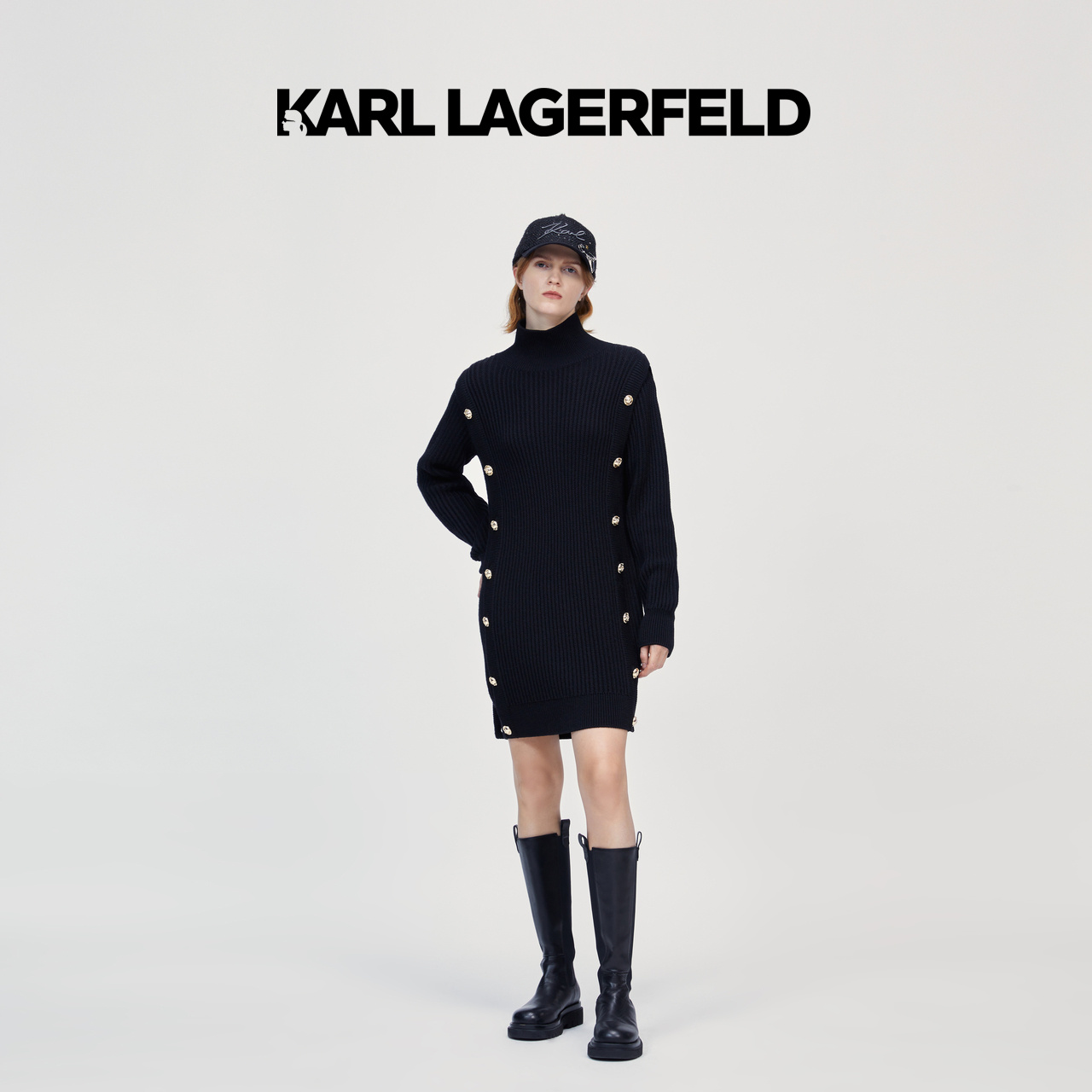 【官方】KARL LAGERFELD卡尔拉格斐新款黑色针织连衣裙K27E1301