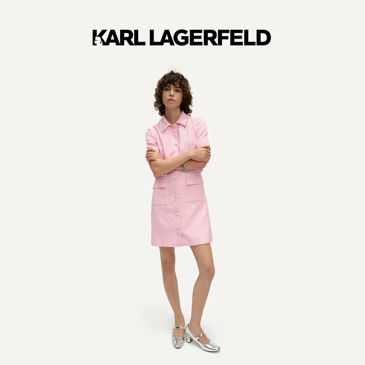 0010【CC专属】KARLLAGERFELD2024夏粉色小香风连衣裙E42W1368