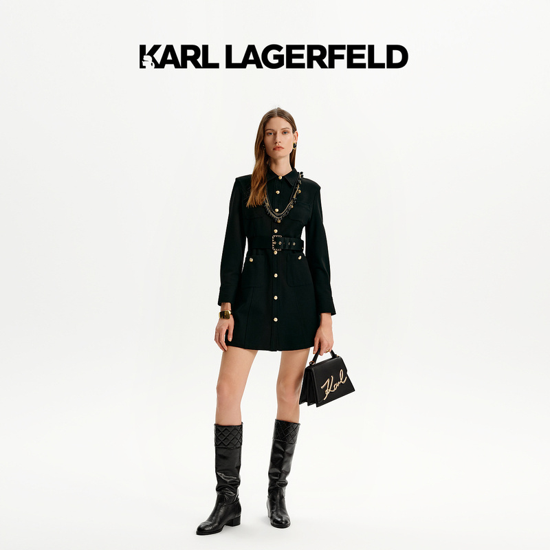 【官方】KARL LAGERFELD卡尔拉格斐24秋新黑色POLO领连衣裙K27E1333