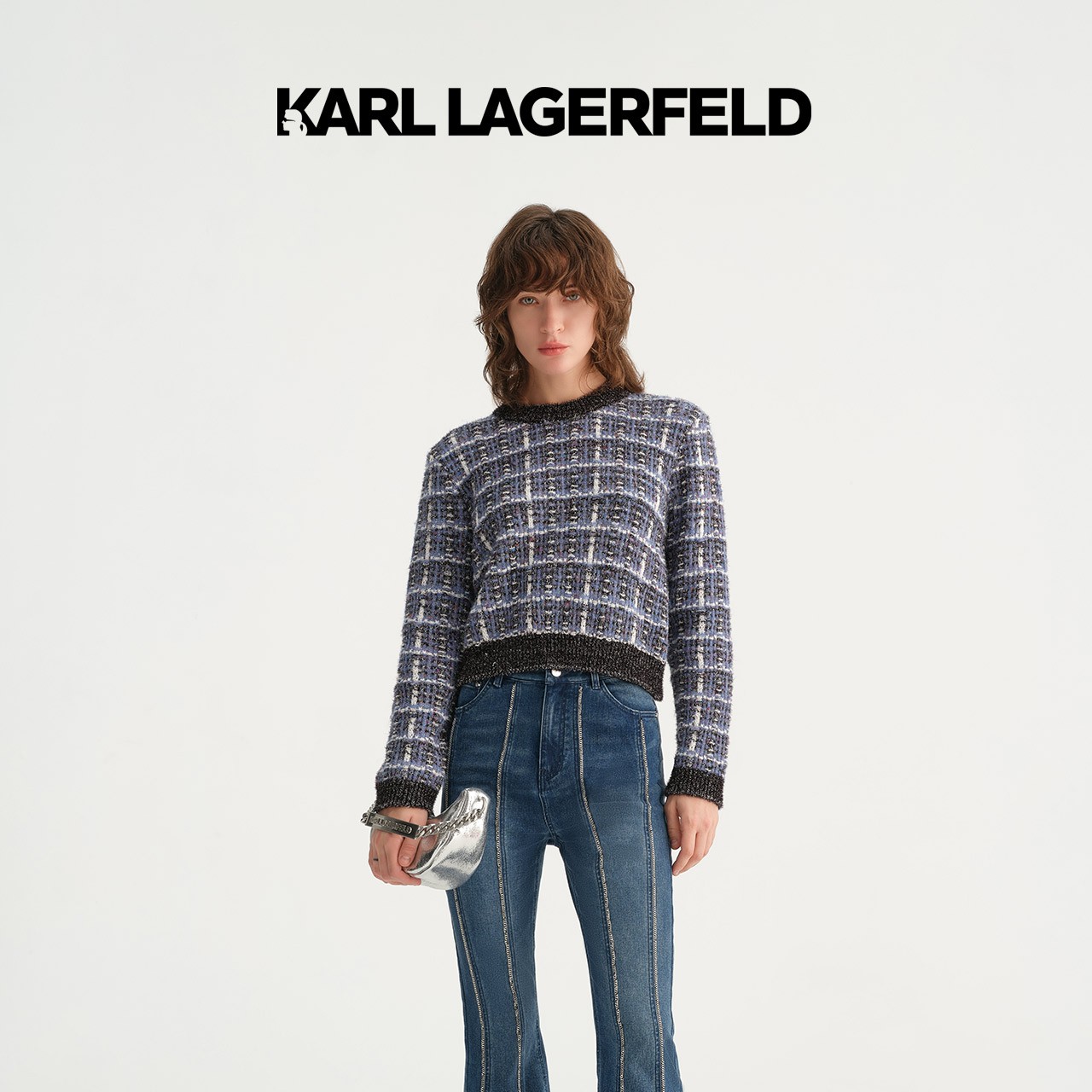 【晨粉专享价】KARLLAGERFELD新款格纹撞色边针织套头衫E36W2044